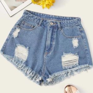 Medium Wash Ripped Denim Shorts